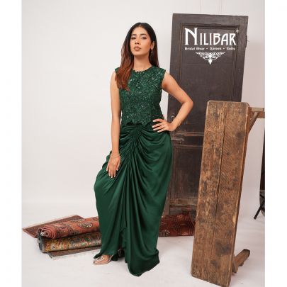 Bottle Green Satin Short Top Paired With Silk Pleated Skirt