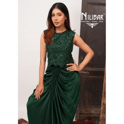 Bottle Green Satin Short Top Paired With Silk Pleated Skirt