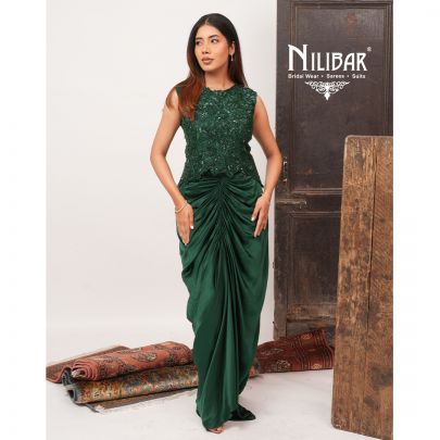 Bottle Green Satin Short Top Paired With Silk Pleated Skirt