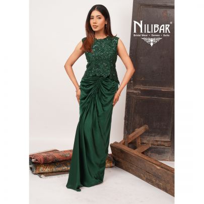 Bottle Green Satin Short Top Paired With Silk Pleated Skirt