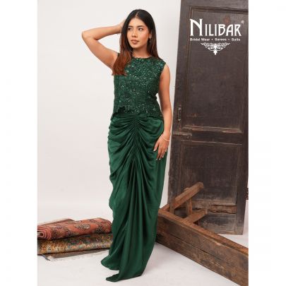 Bottle Green Satin Short Top Paired With Silk Pleated Skirt