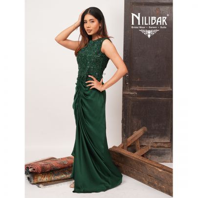 Bottle Green Satin Short Top Paired With Silk Pleated Skirt