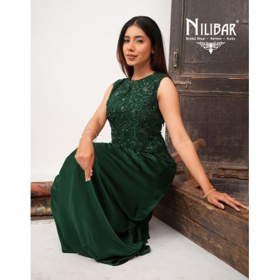 Bottle Green Satin Short Top Paired With Silk Pleated Skirt