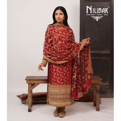 Red Silk Top Paired With Crepe Bottom and Net Dupatta
