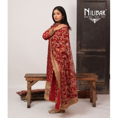 Red Silk Top Paired With Crepe Bottom and Net Dupatta