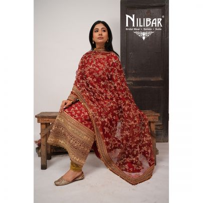 Red Silk Top Paired With Crepe Bottom and Net Dupatta