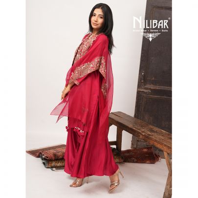 Rose Pink Silk Top With Satin Bottom & Organza Cape Indo-Western Set