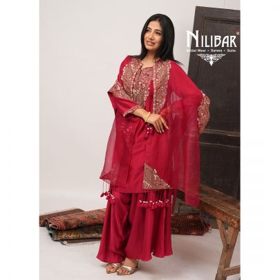 Rose Pink Silk Top With Satin Bottom & Organza Cape Indo-Western Set