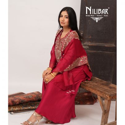 Rose Pink Silk Top With Satin Bottom & Organza Cape Indo-Western Set