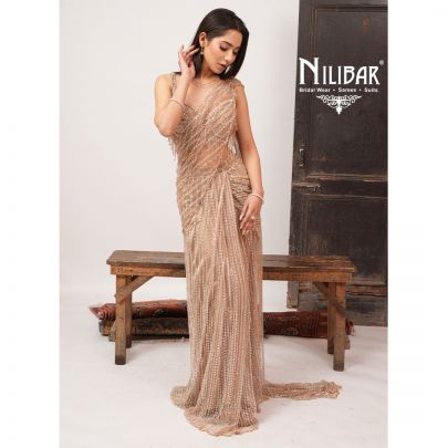 Beige Gold Heavy Embroidered Net Blouse Paired With Pleated Drape Saree