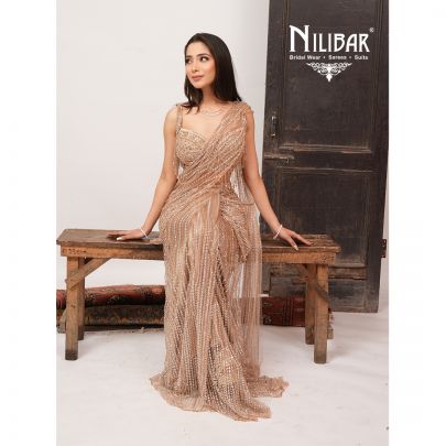 Beige Gold Heavy Embroidered Net Blouse Paired With Pleated Drape Saree