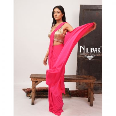Hot Pink & Gold Georgette Heavy Embroidered Blouse Paired With Pleated Drape Saree