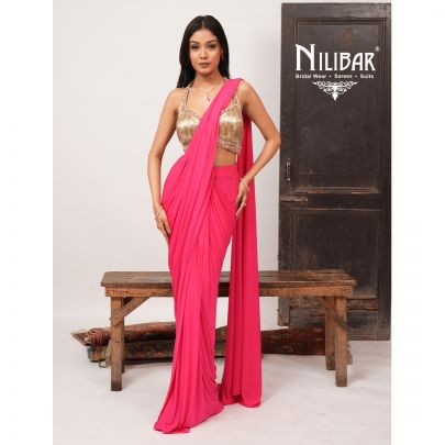 Hot Pink & Gold Georgette Heavy Embroidered Blouse Paired With Pleated Drape Saree