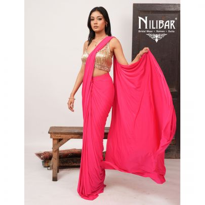 Hot Pink & Gold Georgette Heavy Embroidered Blouse Paired With Pleated Drape Saree