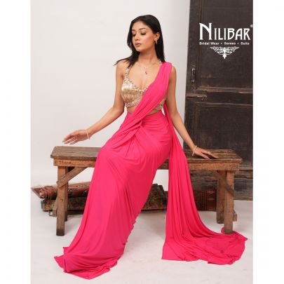 Hot Pink & Gold Georgette Heavy Embroidered Blouse Paired With Pleated Drape Saree