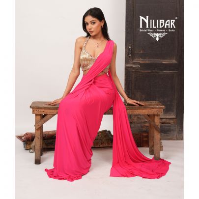 Hot Pink & Gold Georgette Heavy Embroidered Blouse Paired With Pleated Drape Saree