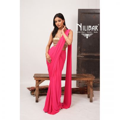 Hot Pink & Gold Georgette Heavy Embroidered Blouse Paired With Pleated Drape Saree