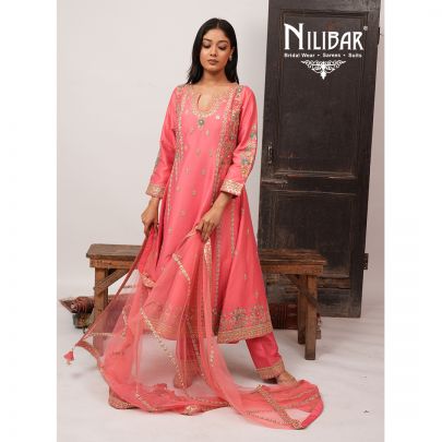 Peach Silk Anarkali Suit Set With Dupatta