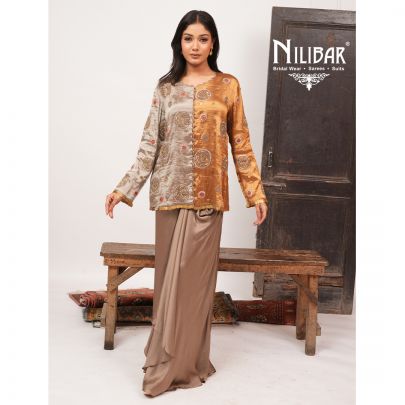 Copper Brown Tissue Silk Embroidered Top Paired With Satin Pleated Skirt