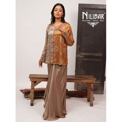Copper Brown Tissue Silk Embroidered Top Paired With Satin Pleated Skirt