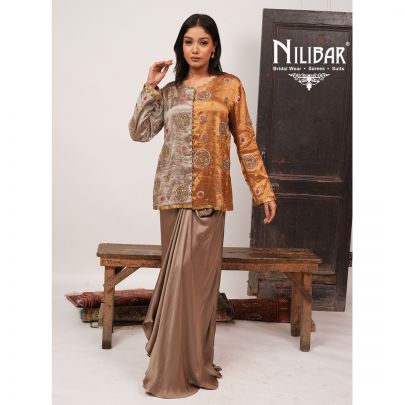 Copper Brown Tissue Silk Embroidered Top Paired With Satin Pleated Skirt