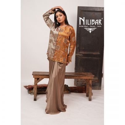 Copper Brown Tissue Silk Embroidered Top Paired With Satin Pleated Skirt