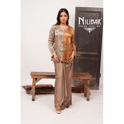 Copper Brown Tissue Silk Embroidered Top Paired With Satin Pleated Skirt