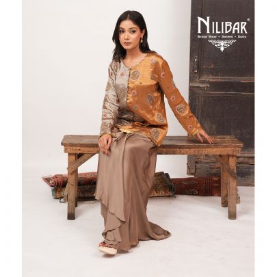 Copper Brown Tissue Silk Embroidered Top Paired With Satin Pleated Skirt