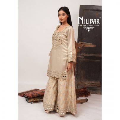Ivory Lame Silk Shirt Paired With Banarasi Silk Bottom & Tissue Dupatta