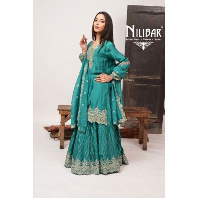 Teal Blue Organza Long Shirt & Loose Palazzo