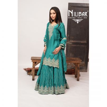 Teal Blue Organza Long Shirt & Loose Palazzo