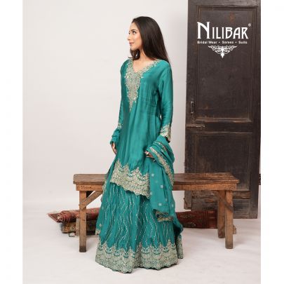 Teal Blue Organza Long Shirt & Loose Palazzo