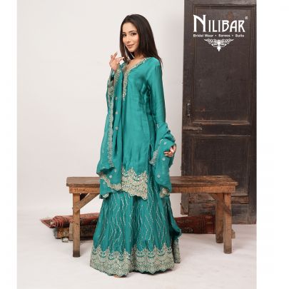 Teal Blue Organza Long Shirt & Loose Palazzo