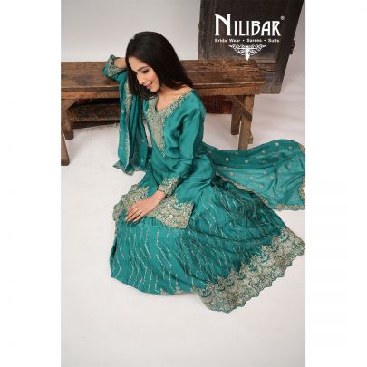 Teal Blue Organza Long Shirt & Loose Palazzo