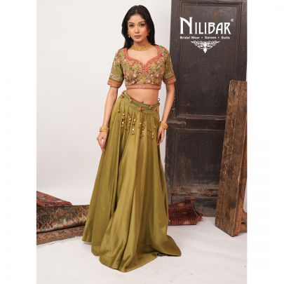 Olive Green & Neon Red Silk Lehenga
