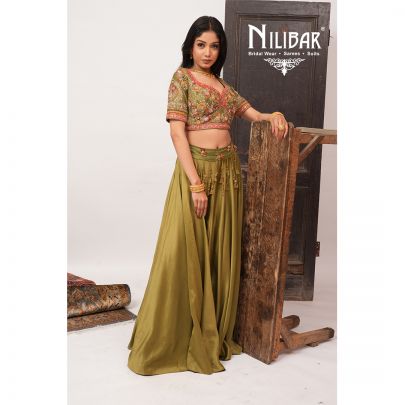 Olive Green & Neon Red Silk Lehenga