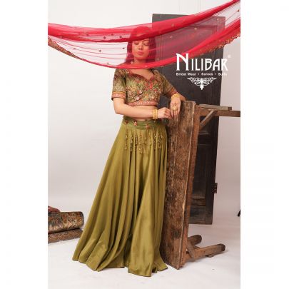 Olive Green & Neon Red Silk Lehenga
