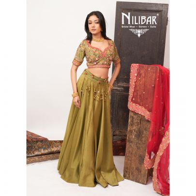 Olive Green & Neon Red Silk Lehenga