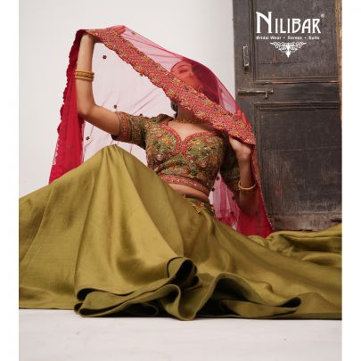 Olive Green & Neon Red Silk Lehenga