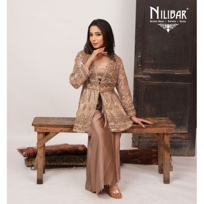Mouse Silk Top With Bottom Paired With Net Jacket Indo-Western Set