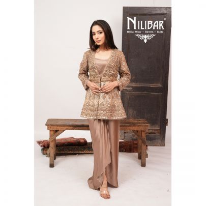 Mouse Silk Top With Bottom Paired With Net Jacket Indo-Western Set