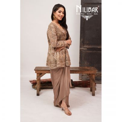 Mouse Silk Top With Bottom Paired With Net Jacket Indo-Western Set