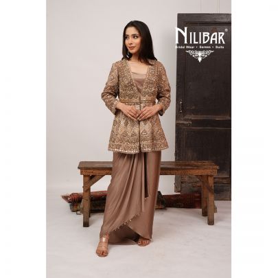Mouse Silk Top With Bottom Paired With Net Jacket Indo-Western Set