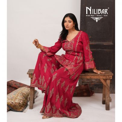 Mehroon Silk Short Shirt Paired With Jaffa & Dupatta