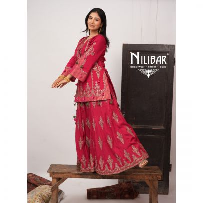 Mehroon Silk Short Shirt Paired With Jaffa & Dupatta