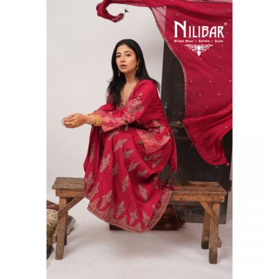 Mehroon Silk Short Shirt Paired With Jaffa & Dupatta