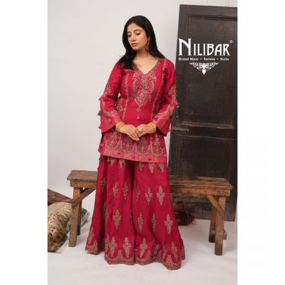 Mehroon Silk Short Shirt Paired With Jaffa & Dupatta