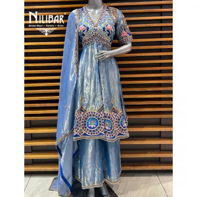 Blue Organza Palazzo With Centre Cut Short Anarkali Suit