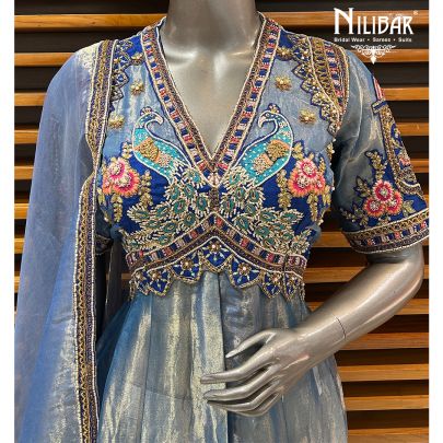 Blue Organza Palazzo With Centre Cut Short Anarkali Suit