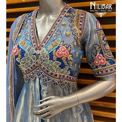 Blue Organza Palazzo With Centre Cut Short Anarkali Suit